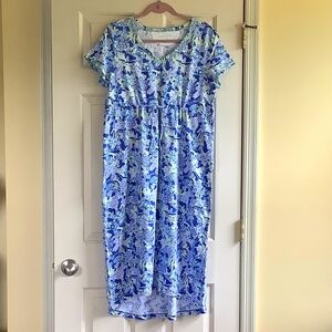 Stan Herman Dress Short Sleeve Cotton Floral Hi-Low Hem Blue Green SZ L
